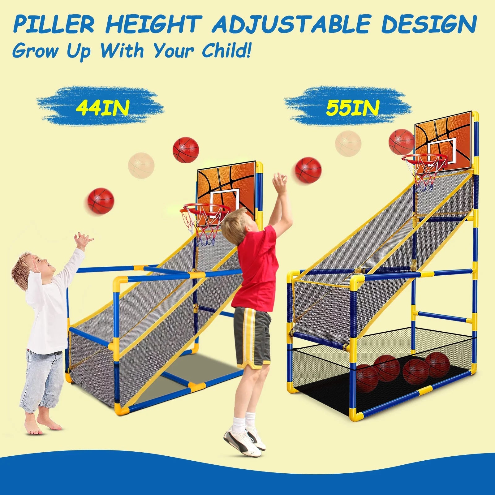 Arcade Basketball Game Set for Kids, Toddler Basketball Hoop with 4 Balls & Air Pump, Indoor and Outdoor Sports Play Toys Gifts for Boys Girls Aged 3-4 5-6 7-8 Years Old Adjustable Height Stand