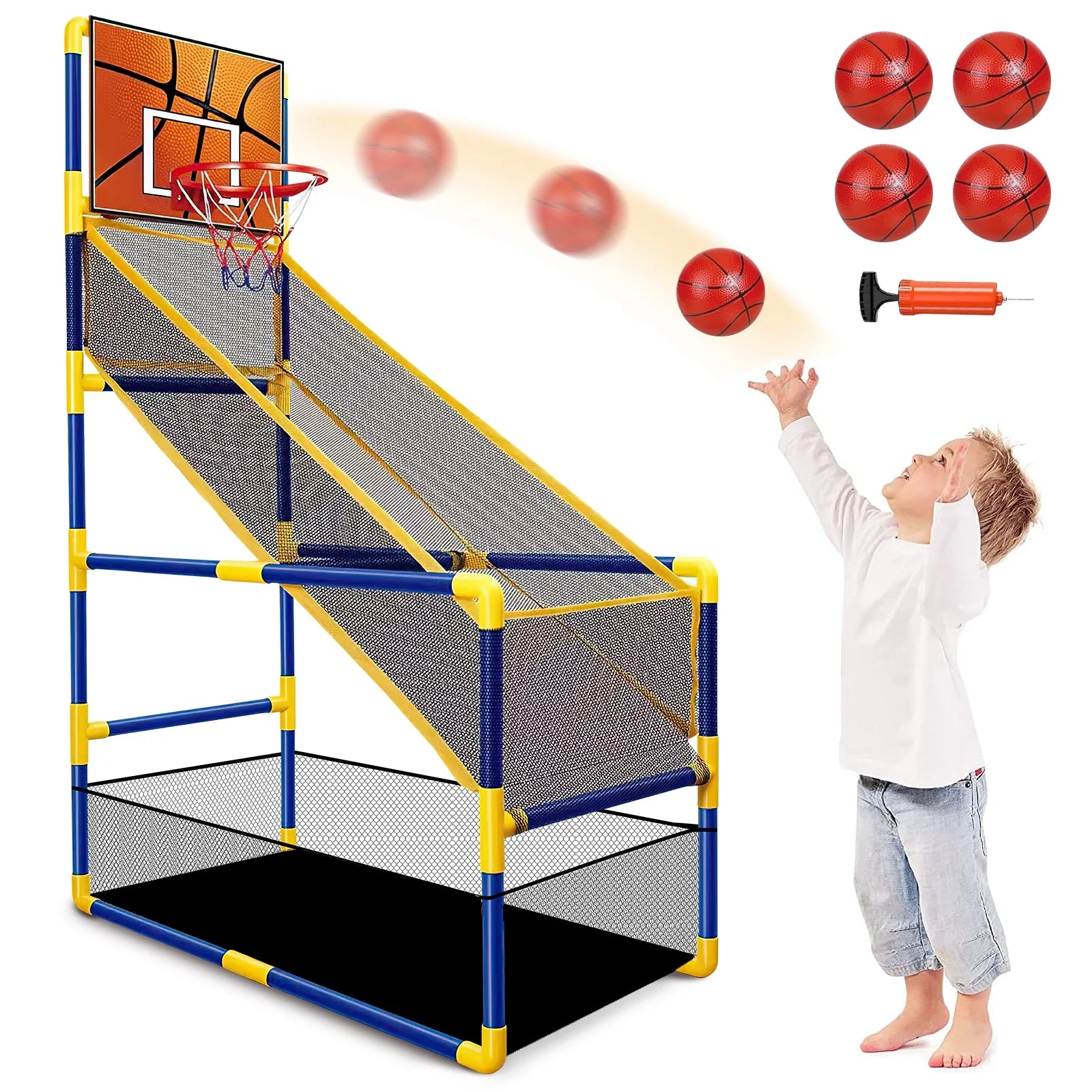 Arcade Basketball Game Set for Kids, Toddler Basketball Hoop with 4 Balls & Air Pump, Indoor and Outdoor Sports Play Toys Gifts for Boys Girls Aged 3-4 5-6 7-8 Years Old Adjustable Height Stand
